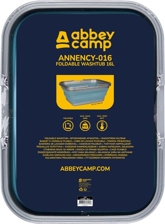 Abbey Camp ANNENCY-016 opvouwbare waskuip 16L in lichtblauw met zilveren handvatten op verpakking.