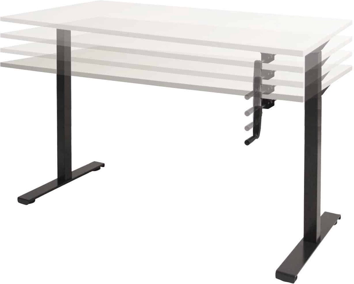 Dextro slinger zit/sta 180x90cm, hoogte verstelbare werkplek dmv slinger, T-poot frame. Frame kleur aluminium (RAL9006) en blad Schaduwzwart