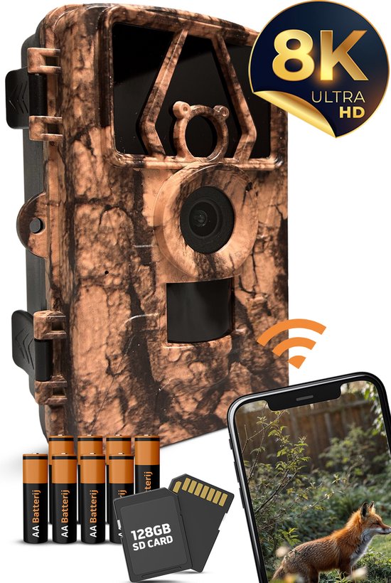 Noins Wildcamera Pro Plus - 60 MP en 8K Ultra HD - Wildcamera Met Nachtzicht en Wifi - Met App - Inclusief 8 Batterijen & 128GB SD Kaart - Wildcamera voor Buiten - Nachtcamera