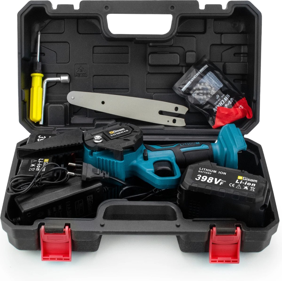 Elektrische hand zaag - mini kettingzaag - snoeizaag + 2 accu's - 18V - draagbaar - houtbewerking - blauw - met koffer - accu oplader