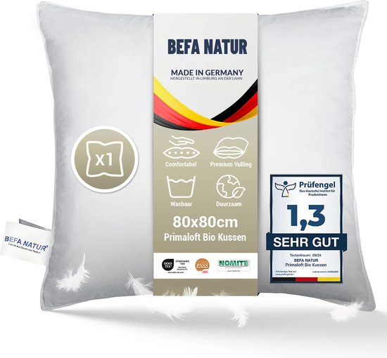 BEFA NATUR Made in Germany hoofdkussen 80x80 cm, met Primaloft Bio microvezelvulling, wit, vulgewicht: 1500 g. Geschikt voor mensen met een allergie (nomite), Öko-Tex 100, biologisch afbreekbaar,