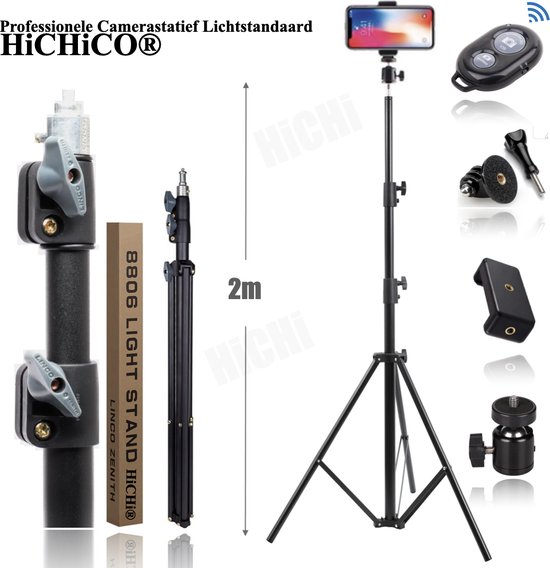 Statief 2meter hoog Voor Smartphone, Actioncam, GoPro, Fotocamera (Canon, Nikon, Sony en ...) en Spiegelreflexcamera Inc. Bluetooth Afstandsbediening, Telefoonhouder, 360 ° Draaigreep en GoPro Adapter - Statief Smartphone - Camerastatief - Tripod