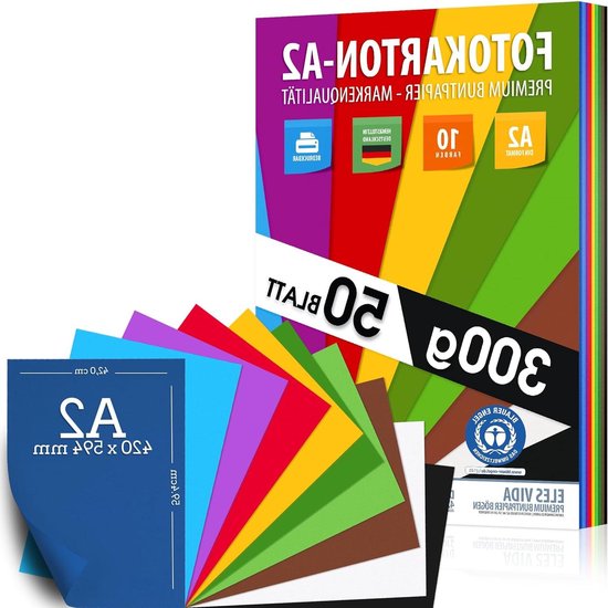 50 Sheets Colorful Paper 300gsm DIN A2 Photo Cardboard Set - 10 Colours ...