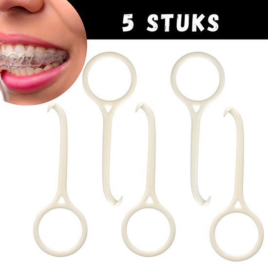 5 stuks: een vrouw met doorzichtige beugel. Vijf witte haakjes liggen ernaast.