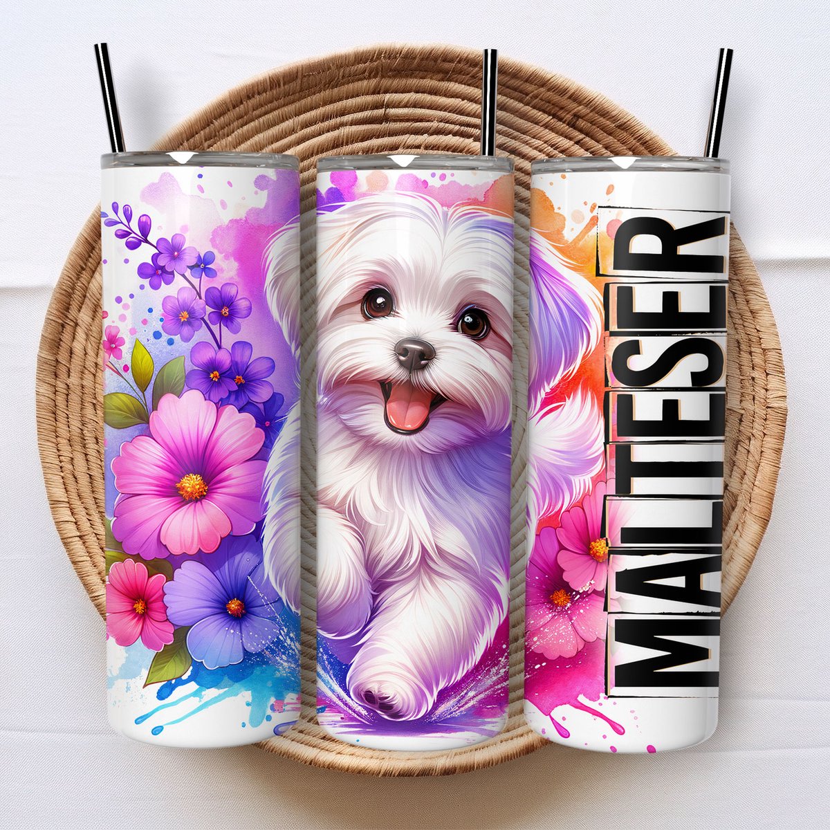 Malteser Tumbler cadeau honden beker met rietje - Geïsoleerde roestvrijstalen drinkbeker met deksel - Thermosbeker - Thermosfles - Schoolbeker- Cadeau voor hondenliefhebber - Draagbare thermosfles - Huisdier cadeau - Huisdier Herinnering
