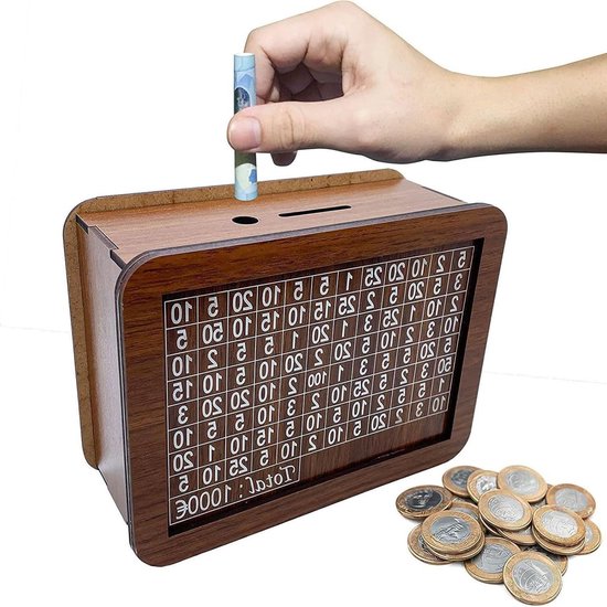 Tirelire en bois - 1000 € - Tirelire compte à rebours - Atteignez votre objectif d'épargne - Réutilisable - Économisez - Cadeau - Astuce