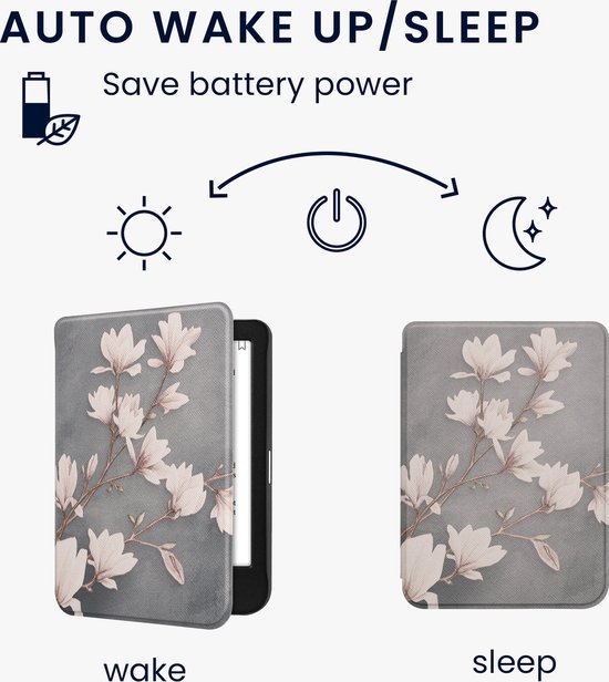 kwmobile e-reader hoesje geschikt voor Kobo Clara BW / Colour hoes - E reader flip case met magnetische sluiting - Ereader cover - Magnolia design in taupe / wit / blauwgrijs van Merkloos — afbeelding 2