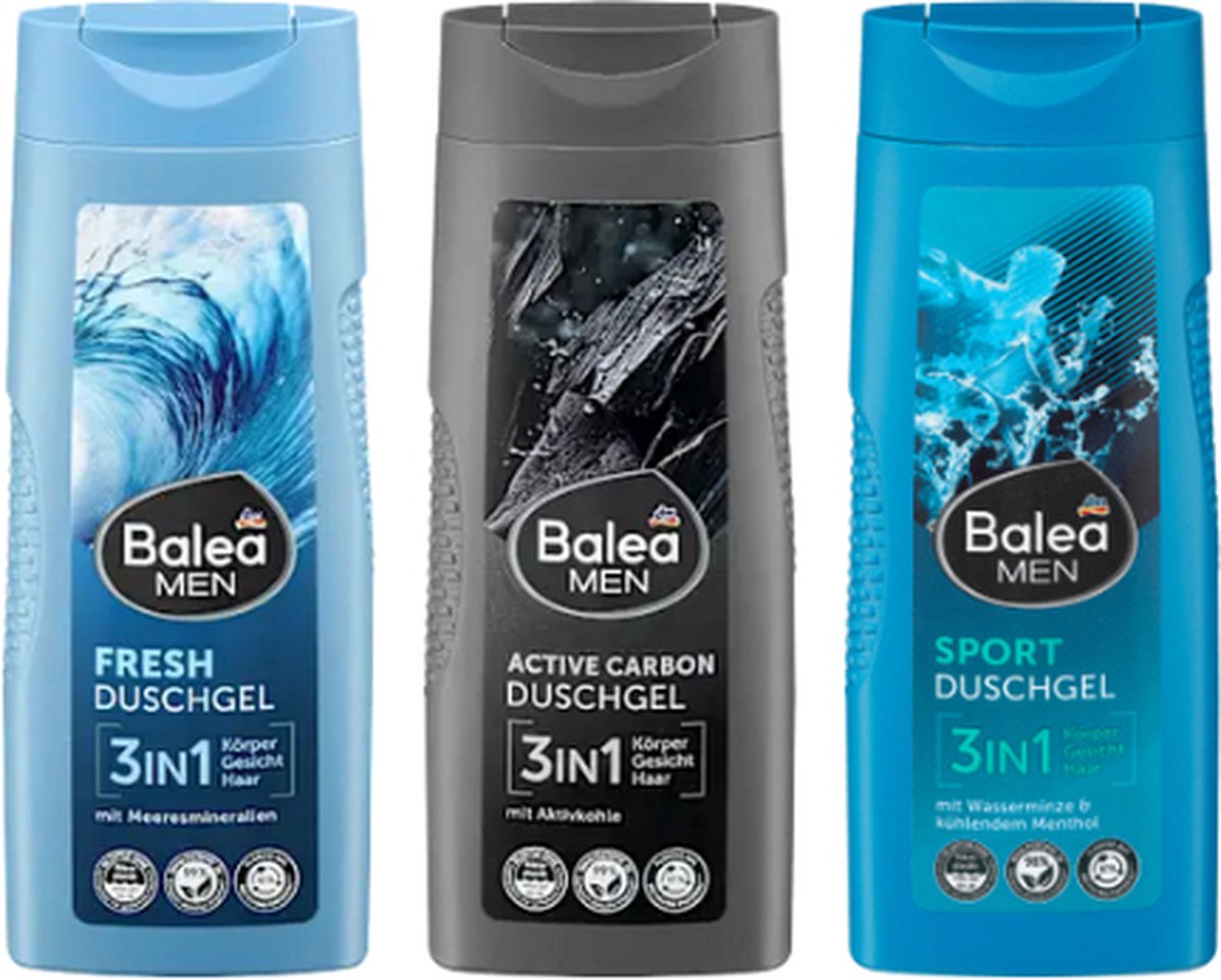 Balea MEN 3-in-1 Douchegel COMBI-VERPAKKING | 3x 300 ml - Sport Douchegel - Active Carbon - Fresh Douchegel - Douchegel Set voor Mannen