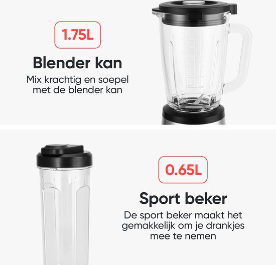 Blender kan 1.75L en sportbeker 0.65L.