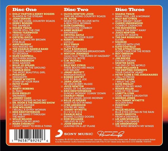 Tracklist van 'The Hits Album: The Country Album' met discs 1, 2 en 3 en artiesten.