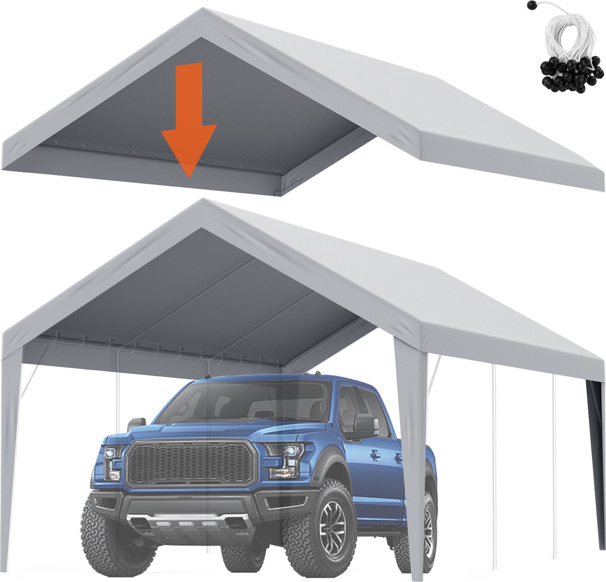 VEVOR Garagetent 3,6 X 6 M Garagedaktent Onderdak Dekzeil Waterdicht Uv-Beschermd Eenvoudige Installatie met Spanbanden Grijs (Alleen Dakbedekking, Frame Niet Inbegrepen)