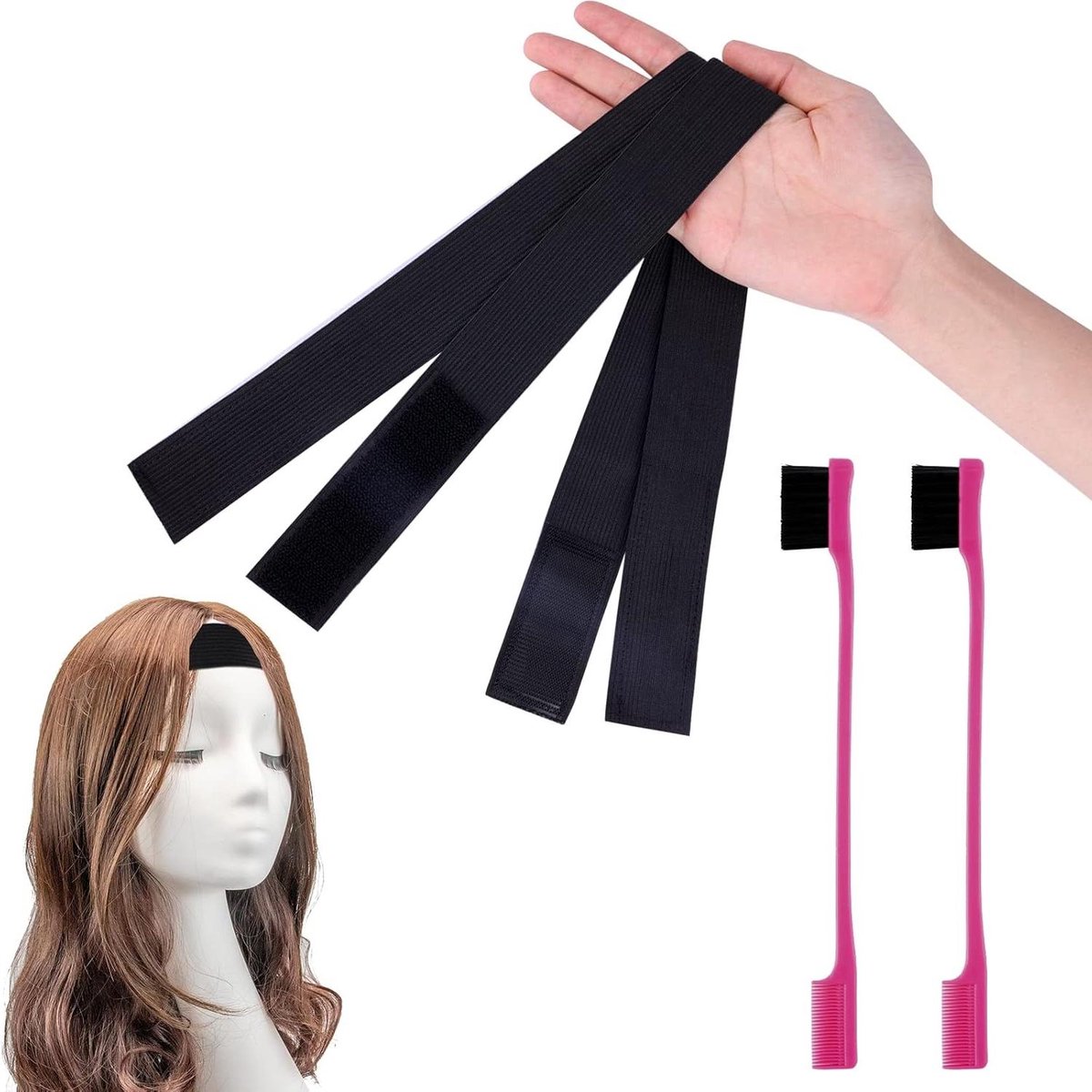 Antislip pruikband zwart elastische band voor pruik - set van 2 - met haarrandborstels .
