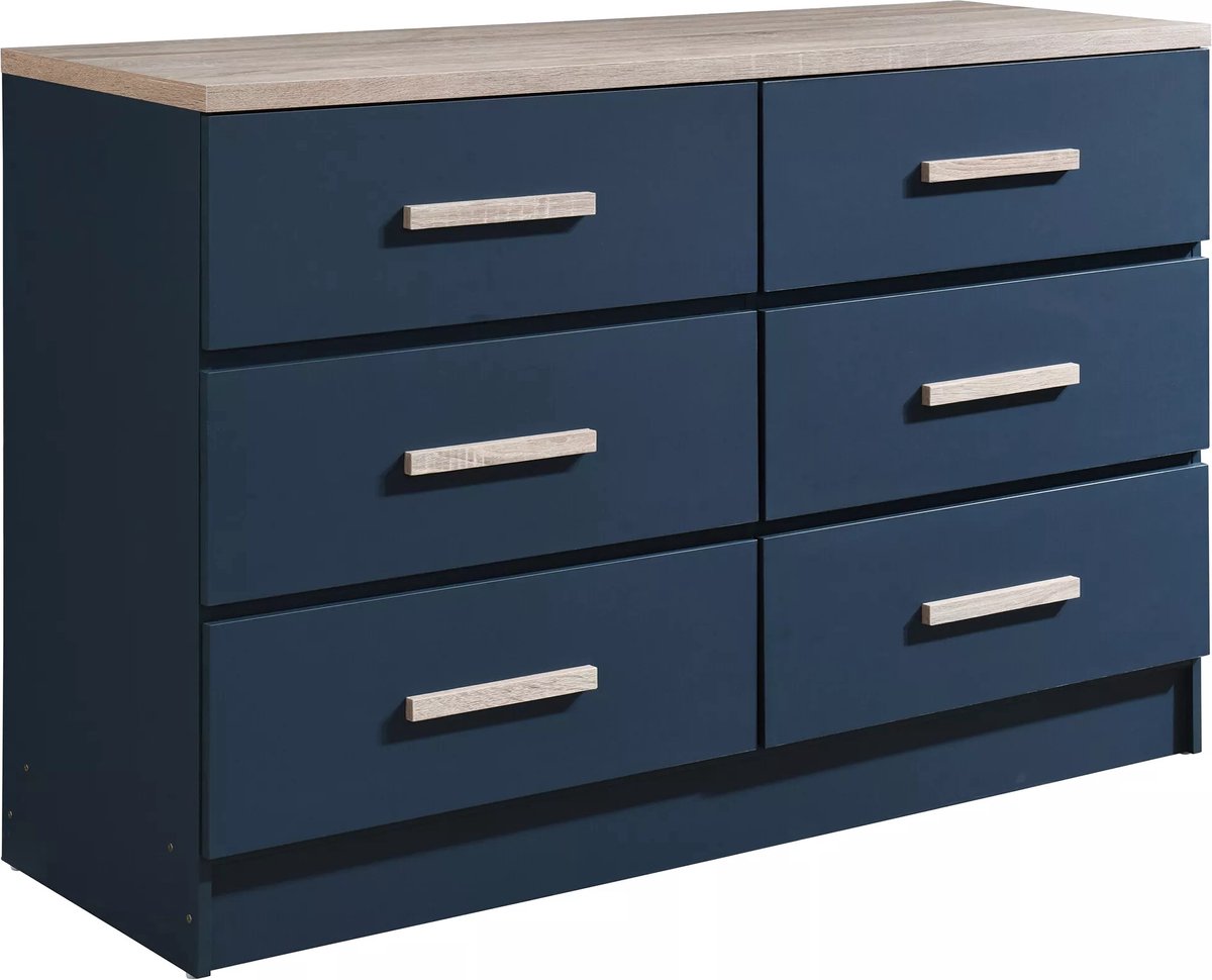 Vente-unique Ladekast met 6 lades - Blauw en houteffect - SKAIDO Blauw, Natuurlijk licht