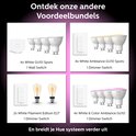 Overzicht van Philips Hue bundels met dimmer switches en lampen: 4x GU10 spots met 1 wall switch; 4x Ambiance GU10 spots met 1 dimmer switch; 2x filament E27 met 1 dimmer switch; 4x White & Color Ambiance GU10 met 1 dimmer switch.