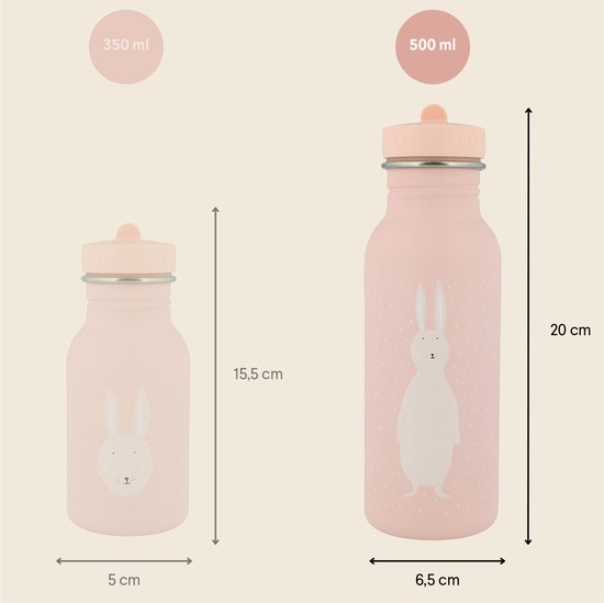 Afmetingen van twee roze RVS drinkflessen met konijnenprint: 350ml en 500ml.