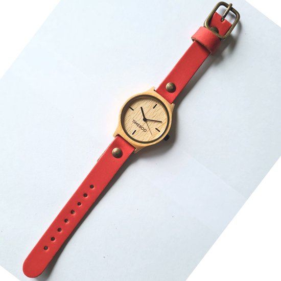 Montre femme en bois de bambou | Bracelet cuir rouge TWIST Terra | TiMEBOO