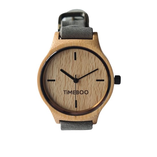 Montre femme en bois de bambou Bracelet en cuir gris torsadé