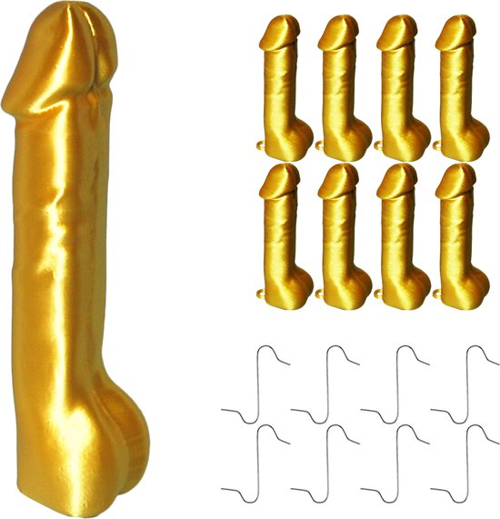 Grote gouden piemel kerstpiek met tien kleine gouden piemel kersthangers en tien haakjes.
