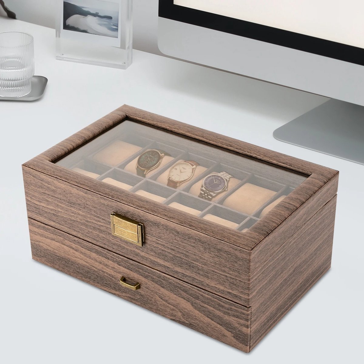Horlogebox Met 24 Compartimenten - Stijlvolle Horloge Houder Voor Mannen Vrouwen - Bruin - Rechthoekig Ontwerp Met Glazen Deksel - Voor Persoonlijk Gebruik Display