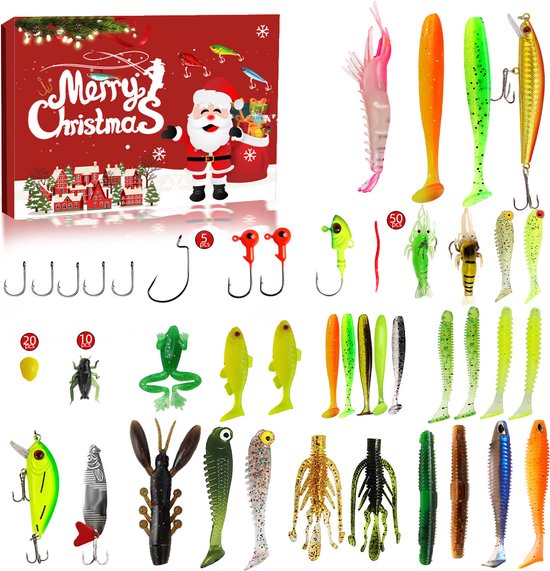 Adventskalender - 24 Dagen Kerstmis Countdown Geschenkdoos - Kerstmis Cadeau - kerstmis cadeau - Vissen - Kerstmis aftellen - Kunstaas set - Vissenaccessoires kit - Vis set - Kunstaas - met 24 vakken - 24 verschillende kleuren/vormen vishaken
