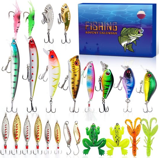 Adventskalender - 24 Dagen Kerstmis Countdown Geschenkdoos - Kerstmis Cadeau - kerstmis cadeau - Vissen - Kerstmis aftellen - Kunstaas set - Vissenaccessoires kit - Vis set - Kunstaas - met 24 vakken - 24 verschillende kleuren/vormen vishaken