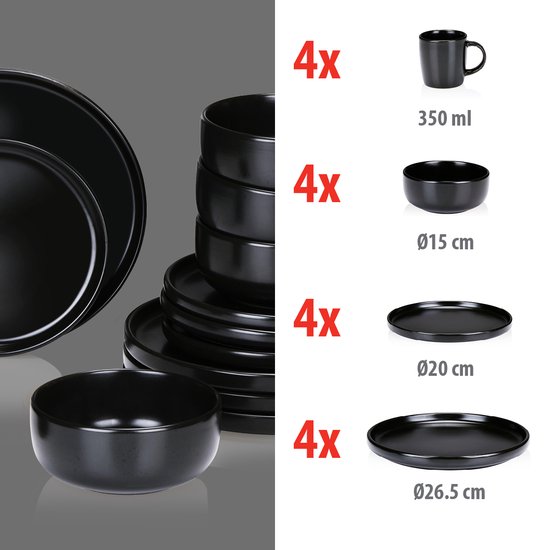 alpina Service de Vaisselle 16 Pièces - Service d'Assiettes 4 Personnes - Services de table en Faïence - Assiettes à petit-déjeuner, Assiettes plates, Bols et tasses - Passe au micro-ondes et au lave-vaisselle - Zwart