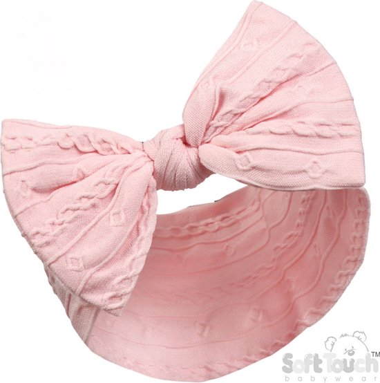 Roze baby haarband met kabelpatroon en grote strik. Van 0 tot 6 maanden.