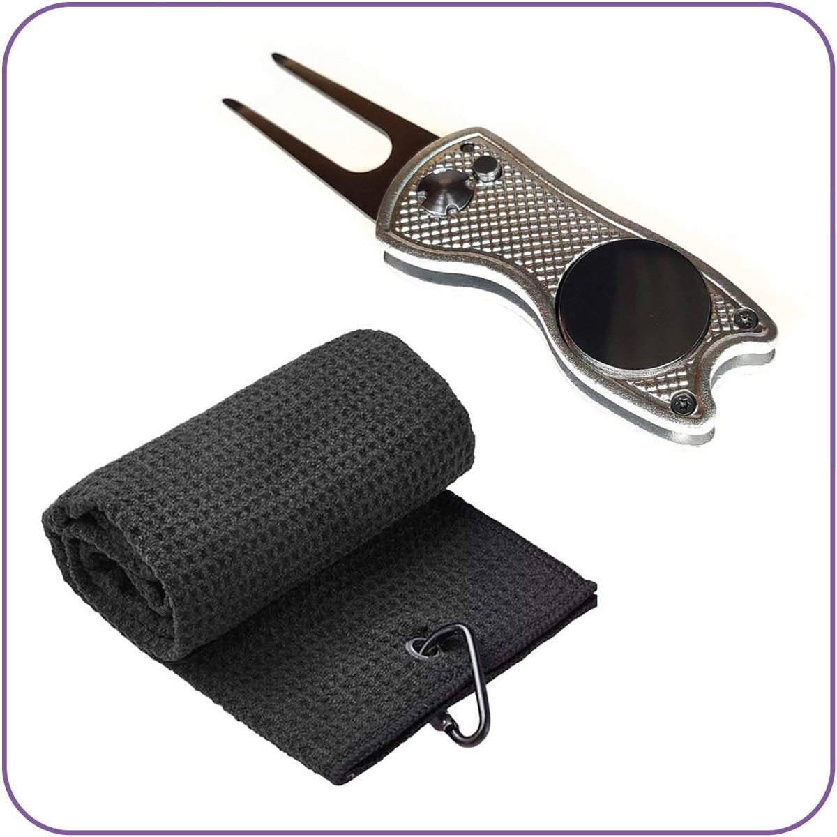 Jobber Sports - Golf Accessoires - Golfhanddoek + Pitchfork - Zwart