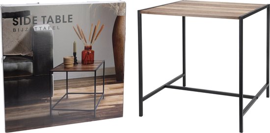 In & Out Deco bijzettafel met zwart metalen frame en houten blad, naast de verpakking.