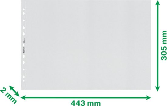 Een transparante A3 insteekhoes van Leitz met afmetingen 443 mm en 305 mm, en een dikte van 2 mm.