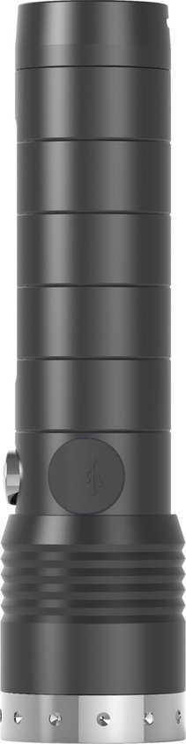 Zwarte zaklamp met geribbelde grip en zilverkleurige onderkant.