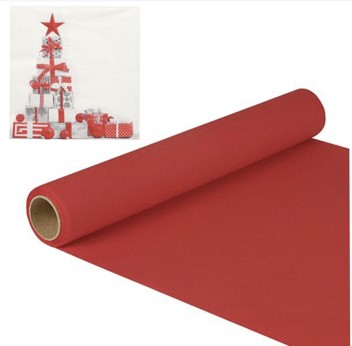 Tafelloper papier "ROYAL Collection" 5 m x 40 cm rood (1 rol) en 20 x Kerst Servetten "Geschenken" 33x33cm 3 Laags / Papieren kerstservetten - Papieren wegwerpservetten