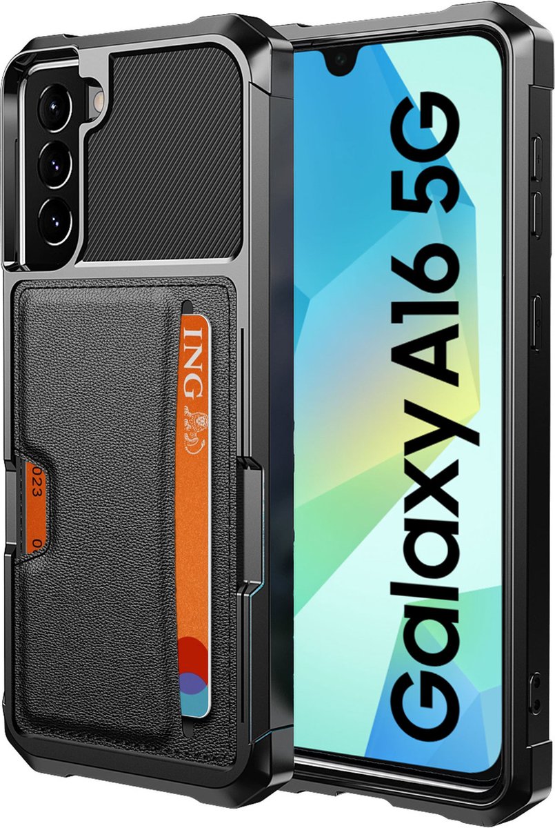 Geschikt voor Samsung Galaxy A16 Hoesje - Pasjes houder Hoesje – Heavy Duty Case - Magnetisch Portemonnee Cover - Zwart