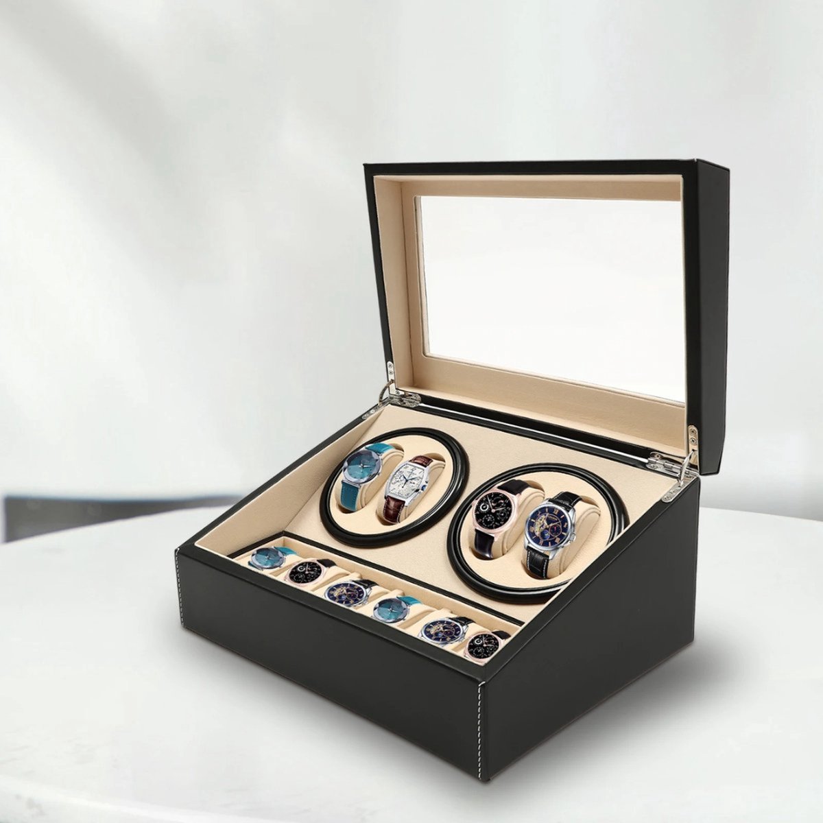 Horlogewinder - display-box - 4+6 horloges - 230V - zwart + crème (horloge opwinder, watchwinder, automatisch opwinden horloges)