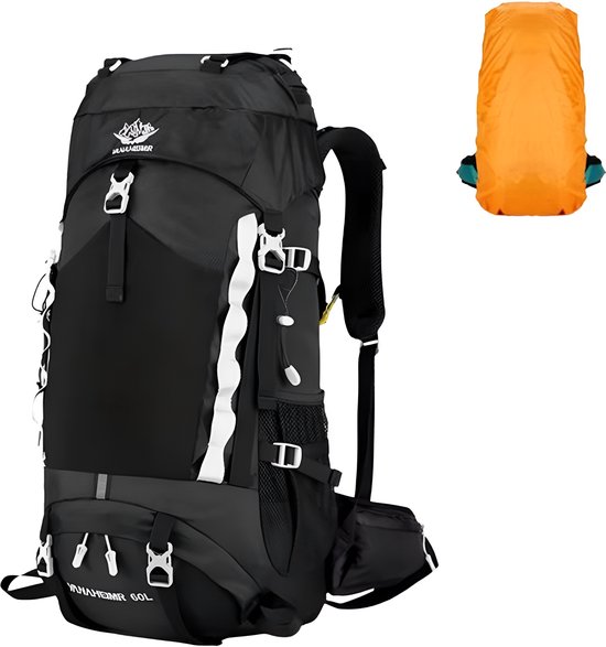 CarryQuest® - 60L - Rugzak - Waterdichte Rugzak - Outdoor Rugzak - Zwart - Rugzakken - Backpack - Wandelen - Kamperen - Reizen - Unisex - Regenhoes - Duurzaam - Nylon - Comfort - Waterbestendig - Backpack Organizer