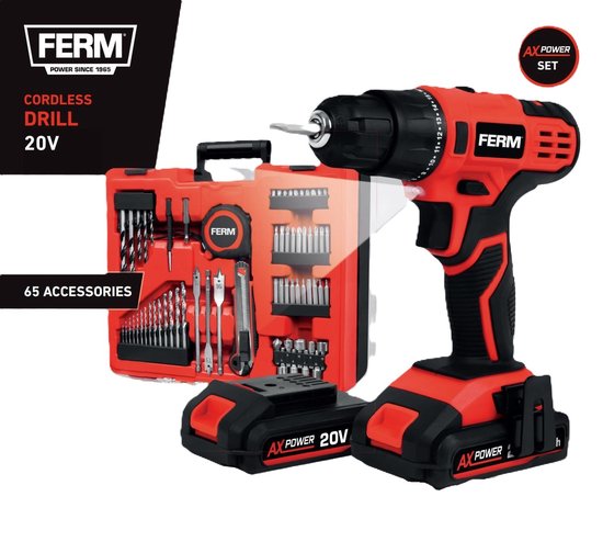 FERM - AX-POWER - CDM1159_SET - Accuboormachine - 20V - met - 2 accu's - 2.0Ah - en - lader - met - 65 accessoires - in handige - koffer - 2 snelheden - 17 slipkoppeligen - L/R - Gereedschapset - Voor AX/FX - Complete set - Accuschroefboormachine