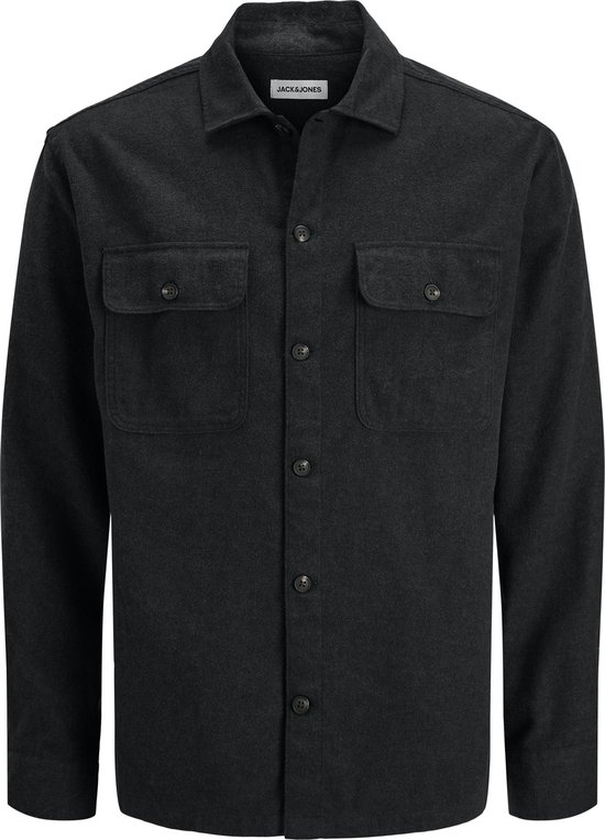 Zwart JACK & JONES overhemd met lange mouwen, kraag en twee borstzakken met knopen.