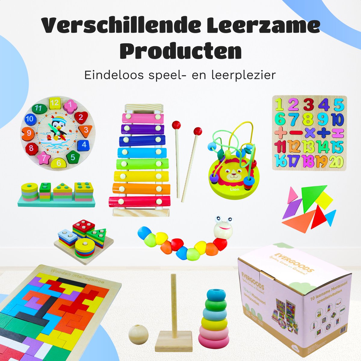 EverGoods 10- in 1 Montessori Speelgoed Set - Educatief Speelgoed - Sensorisch Speelgoed - Houten blokken — afbeelding 6