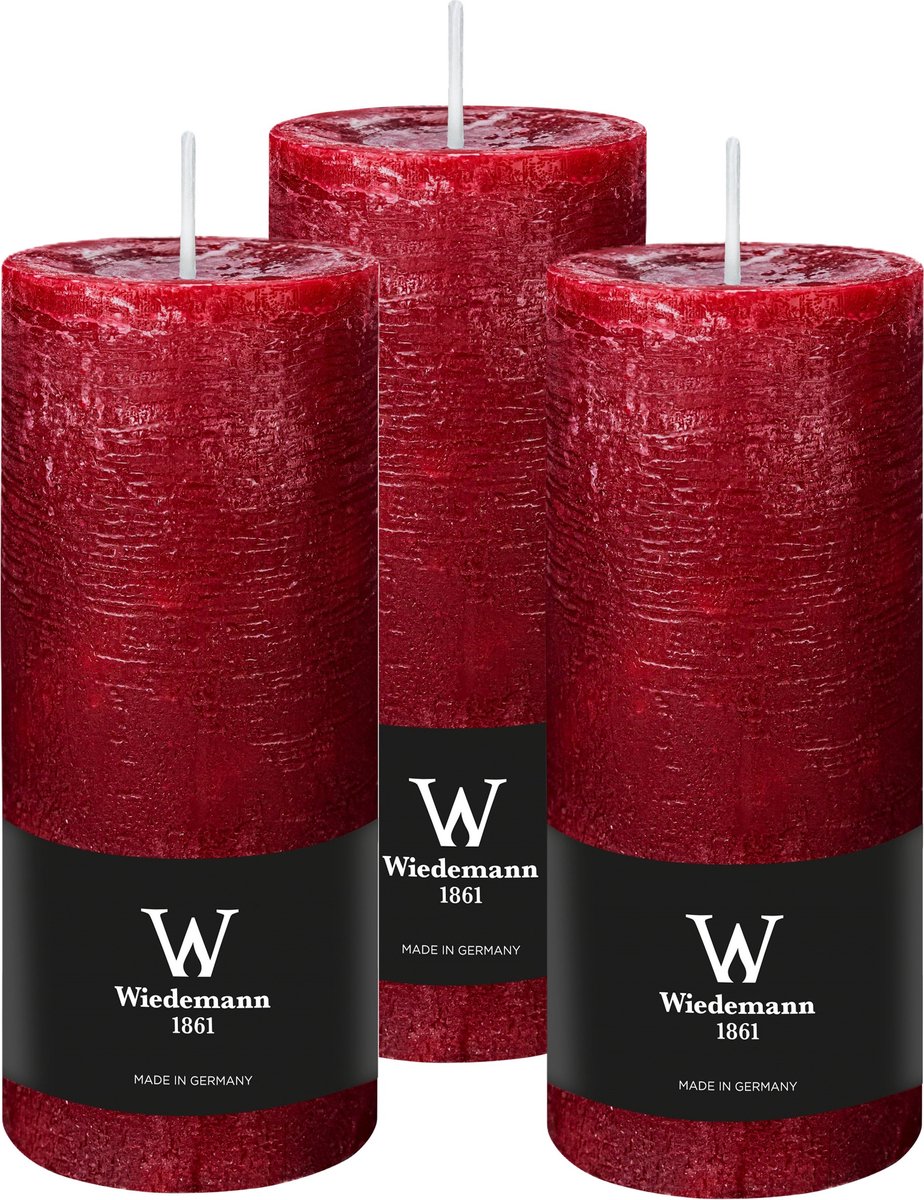 Wiedemann Cilinderkaars/stompkaars - 3x - rustieke kaars - bordeauxrood - 7 x 16 cm - 66 branduren Bordeaux rood