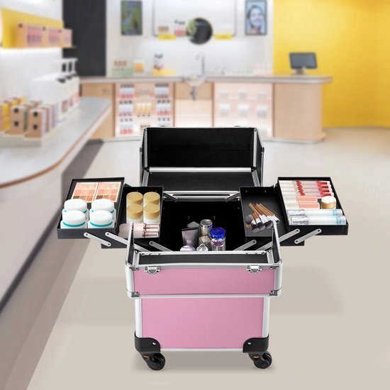 HOMCOM Make-up Koffer Mit Teleskopgriff – 34L X 24B X 52H Cm, Schwarz, Abschließbar & Mit Filzfutter