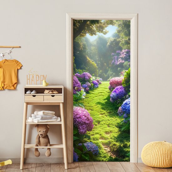 Deurposter 80x205 cm - Deursticker Natuur - Hortensia - Bloemen - Groen - Meubelfolie zelfklevend - Deurfolie woonkamer - Interieurfolie fotobehang - Deur plakfolie - Deurstickers - Deurbehang sticker - Kamer decoratie