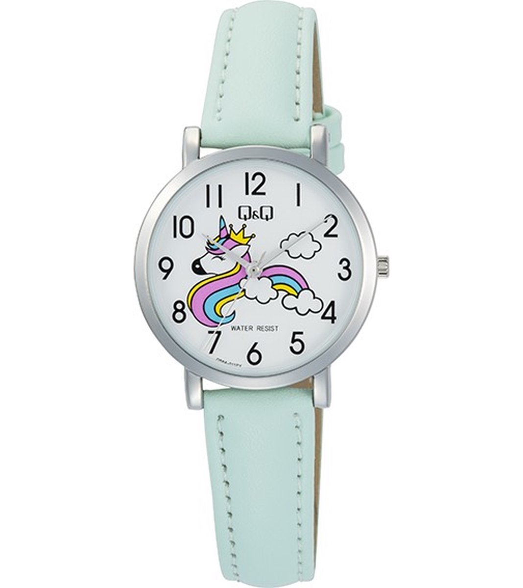 QQ Q58A-011PY - Horloge - Polshorloge - Analoog - Vrouwen - Dames - Leren band - Rond - Metaal - Cijfers - Eenhoorn - LichtGroen - Zilverkleurig