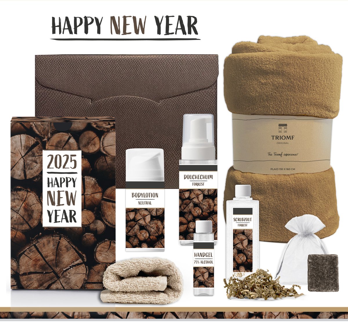 Goedkoopste Geschenkset Happy New Year - 7 Producten - 1400 gram | Luxe cadeauset voor hem haar - Wellness Kerstpakket - Cadeau Gelukkig Nieuwjaar Feestje jaar 2025 - Eindejaarsgeschenk man vrouw - Pakket fijne Jaarwisseling - Gift Set Oud Nieuw - Forrest Goud