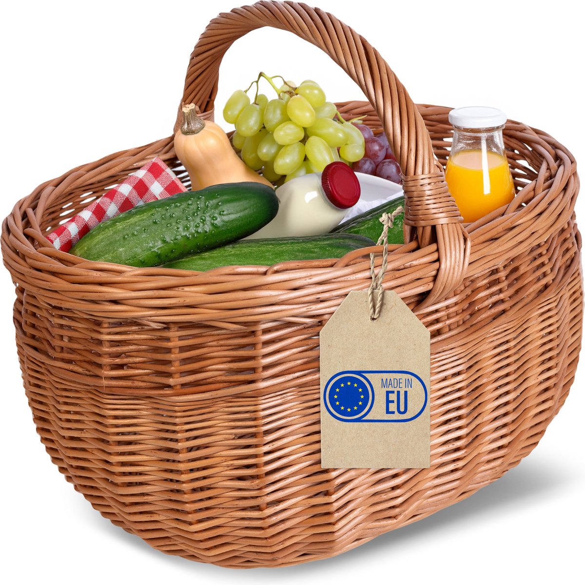 Creative Home Grote Picknickmand Rieten mand met handvat | Winkelmand | 44 x 33 x 36 cm | Groot en lichtgewicht | Natuurlijk bruin | Handgeweven | Universeel