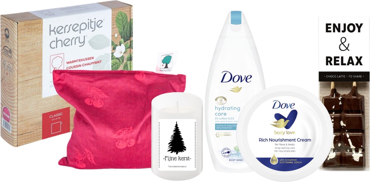 Goedkoopste Dove Cadeauset Warme Kerst Chocolade & Warmtekussen - Dove Body Voedende Creme - Dove Douche Hydra Care Aloe Vera - Kersepittje Warmtekussen Classic 27x27cm
