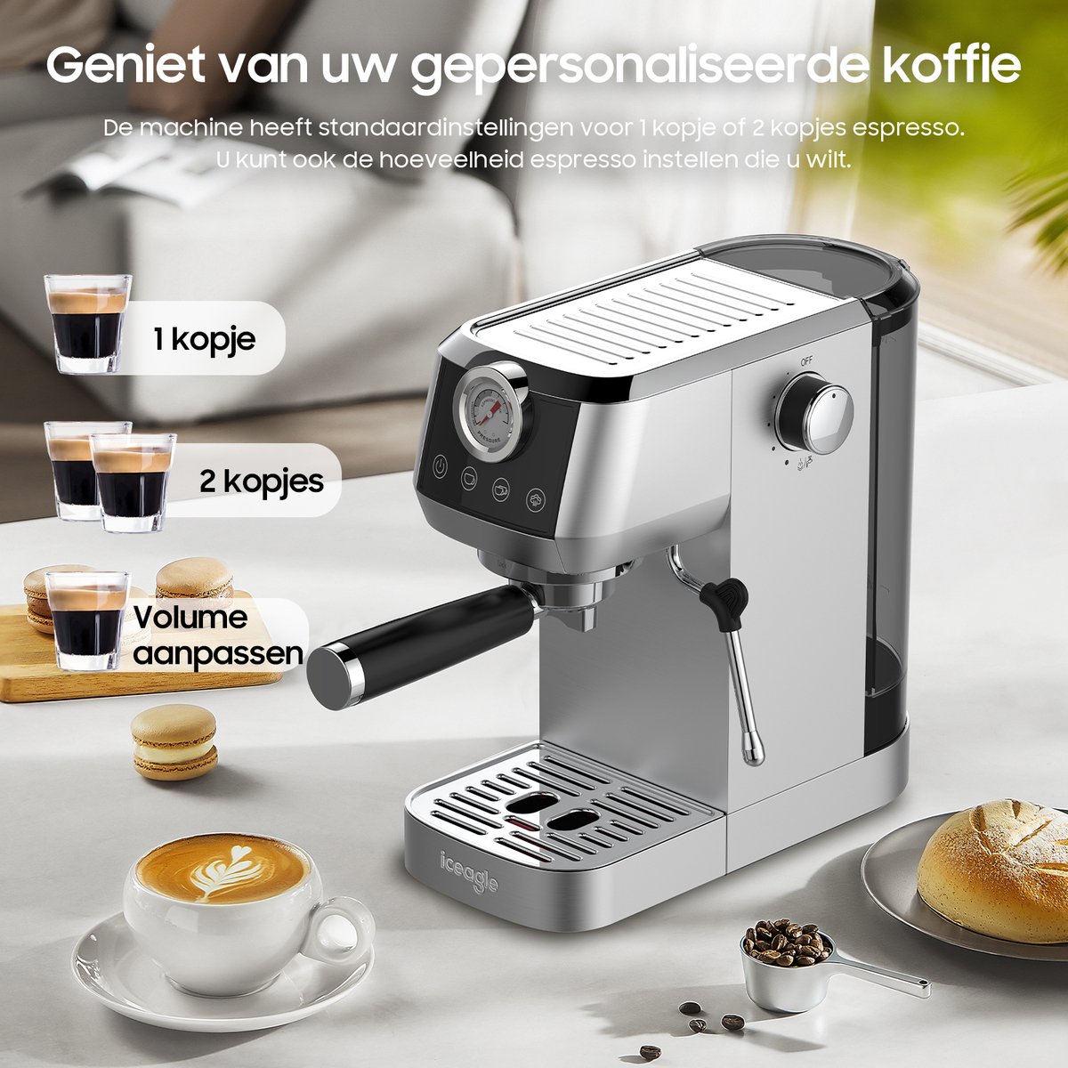 iceagle espressomachine met 20 bar Italiaanse pomp, molen, portafilter, koffiezetapparaat met melkopschuimer barista kit, 20 bar, 3 temperaturen, 25 maalstanden, 1,6 liter, roestvrij staal