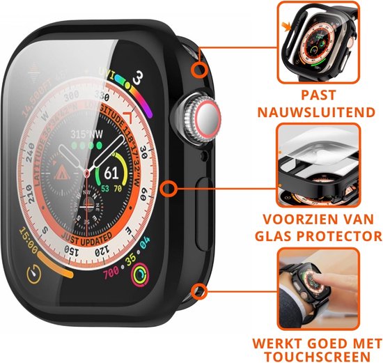 Zwart hoesje met glasbescherming voor Apple Watch, past nauwsluitend en werkt met touchscreen.