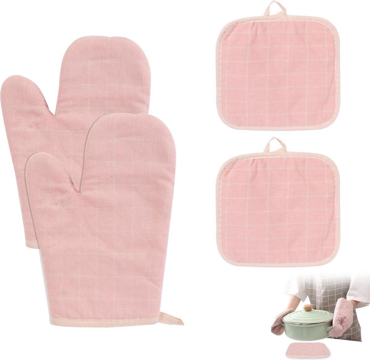 pannenlappen, set van 4, hittebestendig, antislip, pannenlappen, handschoenenset, vintage, verdikte ovenhandschoenen, hittebestendig, katoen, roze, voor keuken, koken, bakken