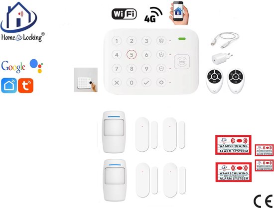 Draadloos alarmsysteem met toetsenbord, 2 bewegingssensoren, 3 deursensoren, 2 afstandsbedieningen, adapter en waarschuwingsstickers.