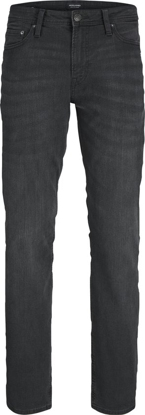 Grijze spijkerbroek van JACK & JONES, staand met de voorkant naar de camera, met het label zichtbaar aan de tailleband.